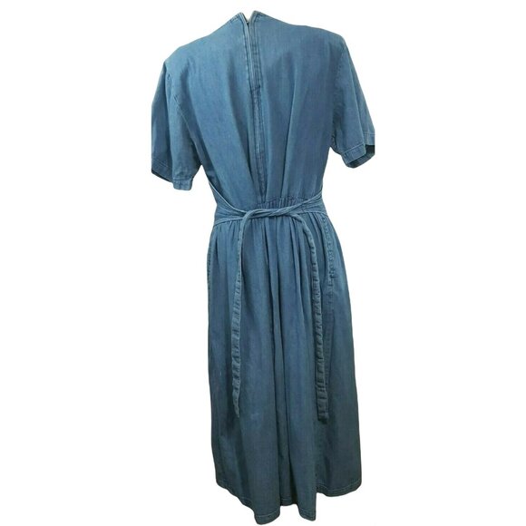 Vintage 80s Denim Chambray Dress L Beaded Vest Faded Tie Back Maxi Cottage Core - Picture 6 of 9